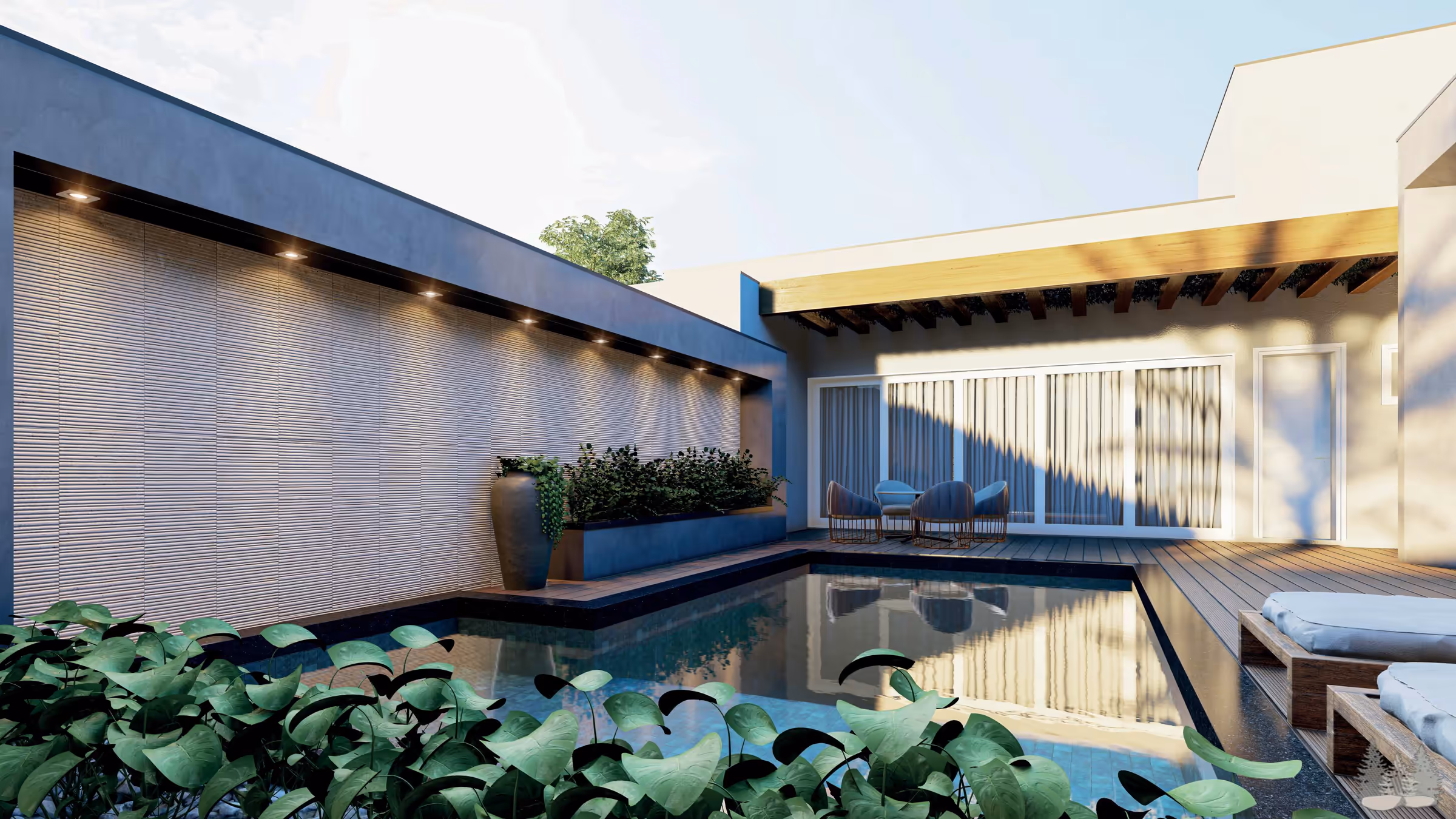 Piscina em primeiro plano, parede ripada iluminada, pergolado e área de estar