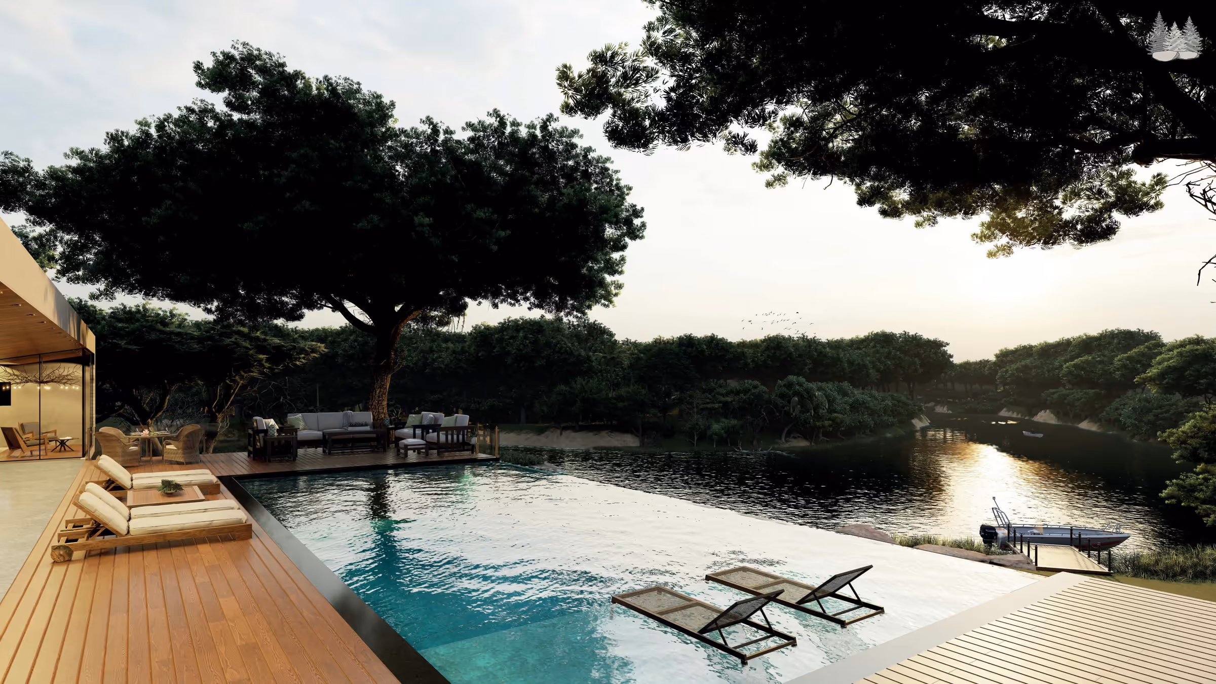 Piscina de borda infinita ao entardecer sobre o rio, com espreguiçadeiras na água