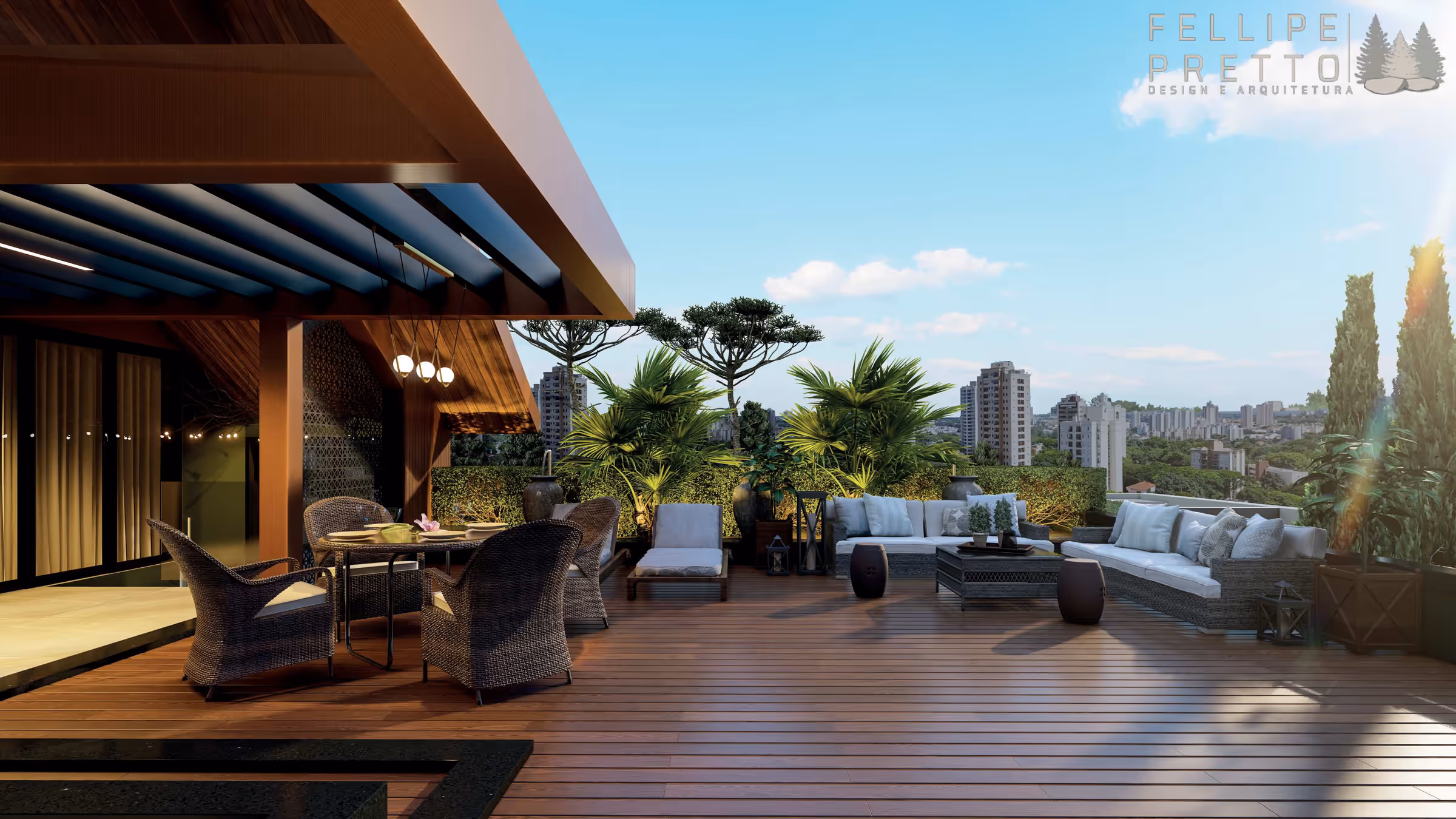 Deck amplo com mesa, poltronas e sofás, palmeiras e vista da cidade