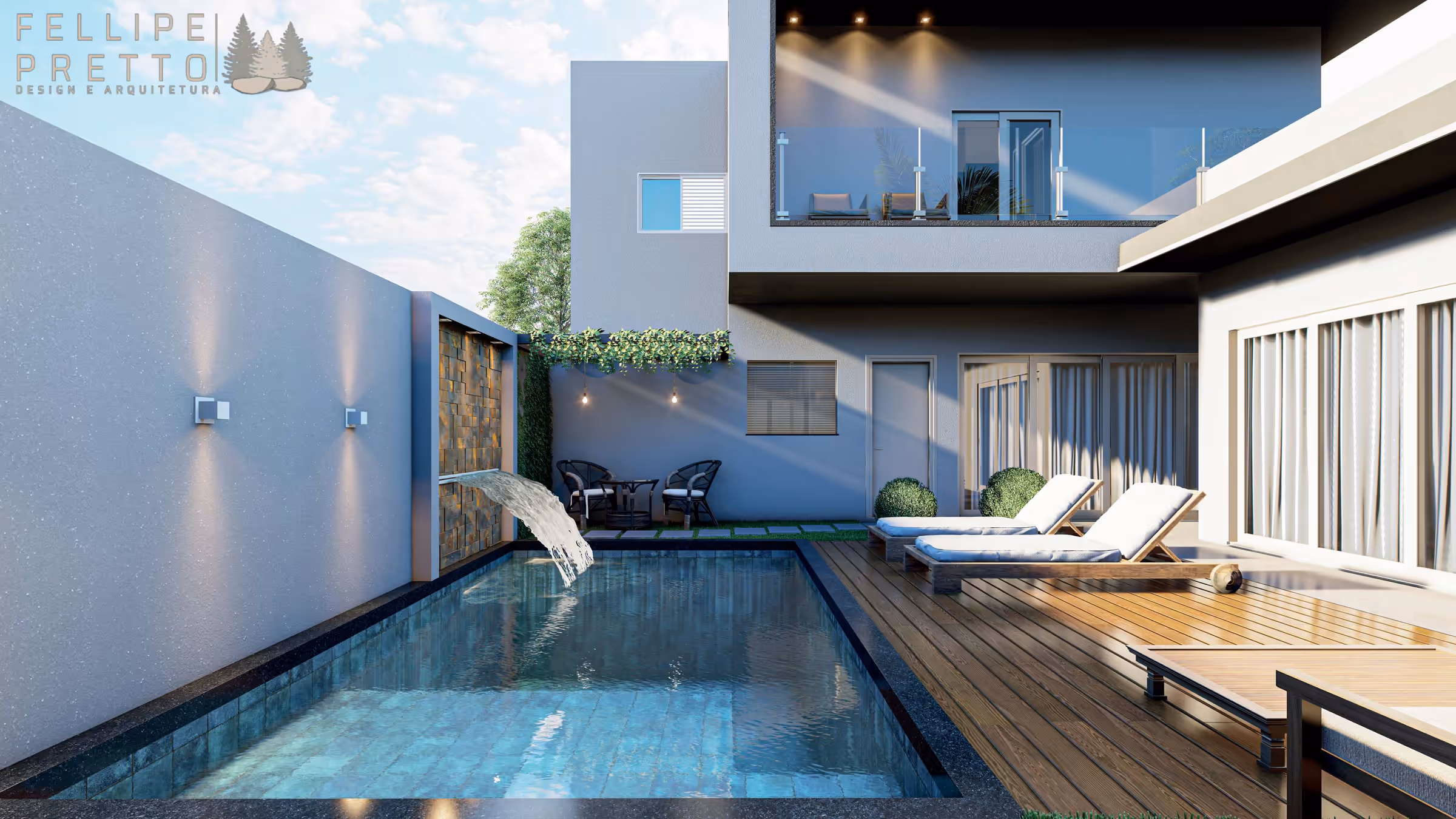 Piscina vista do lado oposto, com deck de madeira e sacada com guarda-corpo de vidro