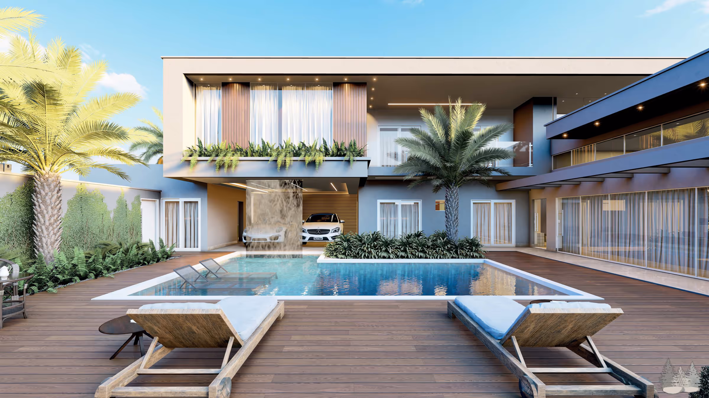 Fundos: piscina, deck, espreguiçadeiras e sacada com samambaias
