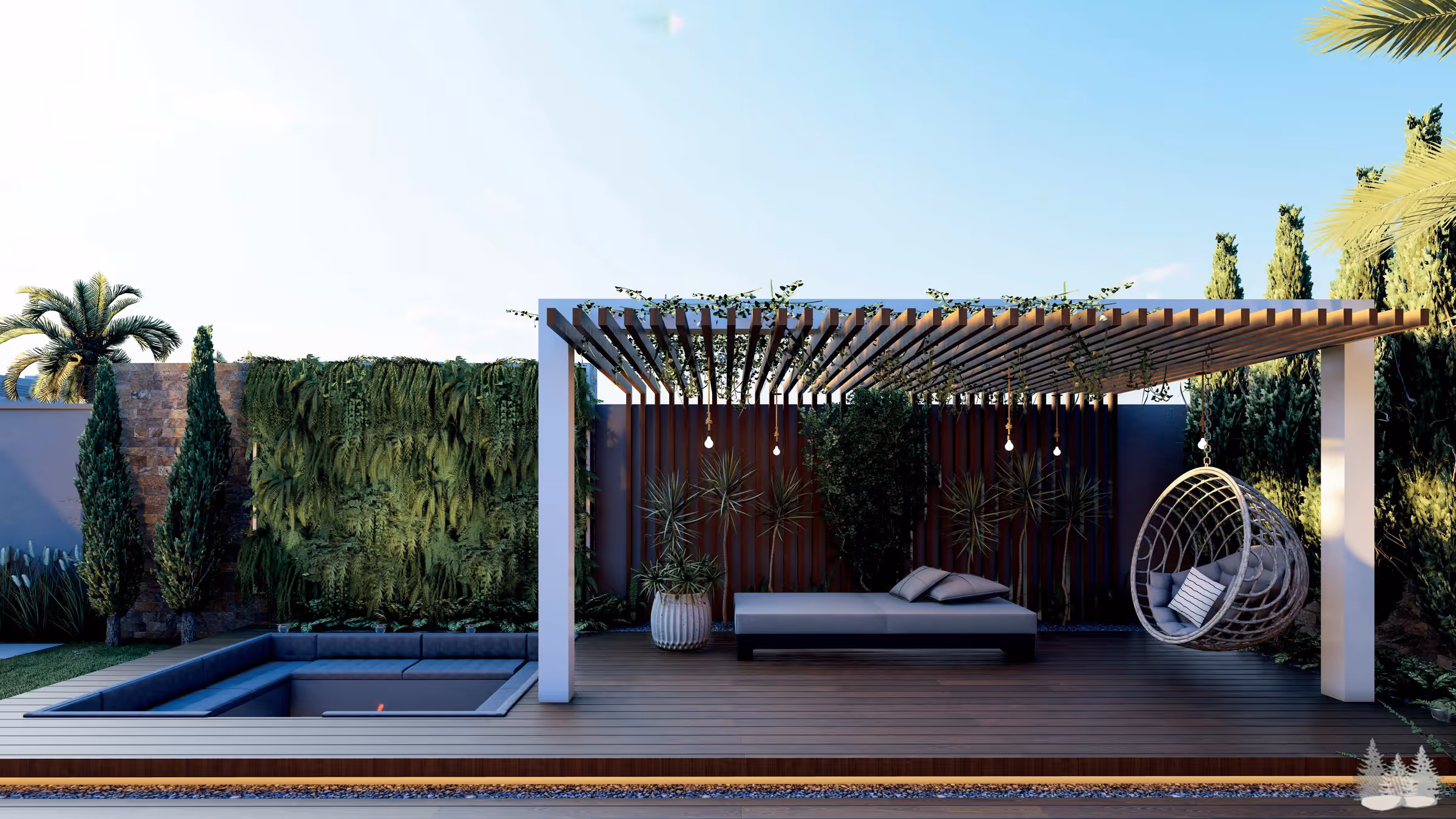 Pergolado sobre deck, com chaise, cadeira suspensa e lounge rebaixado