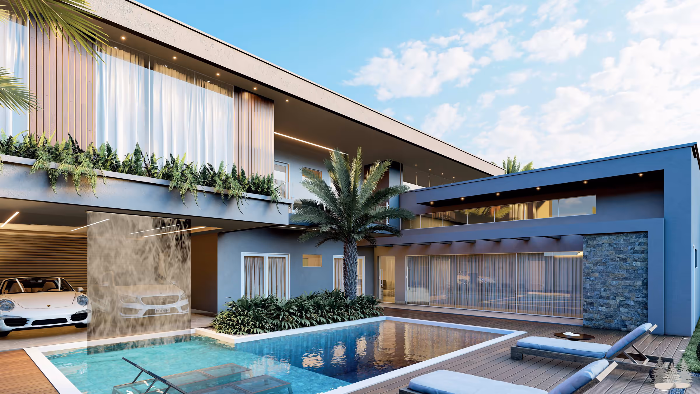 Fachada de fundos com balanço, piscina, cortina d’água e garagem
