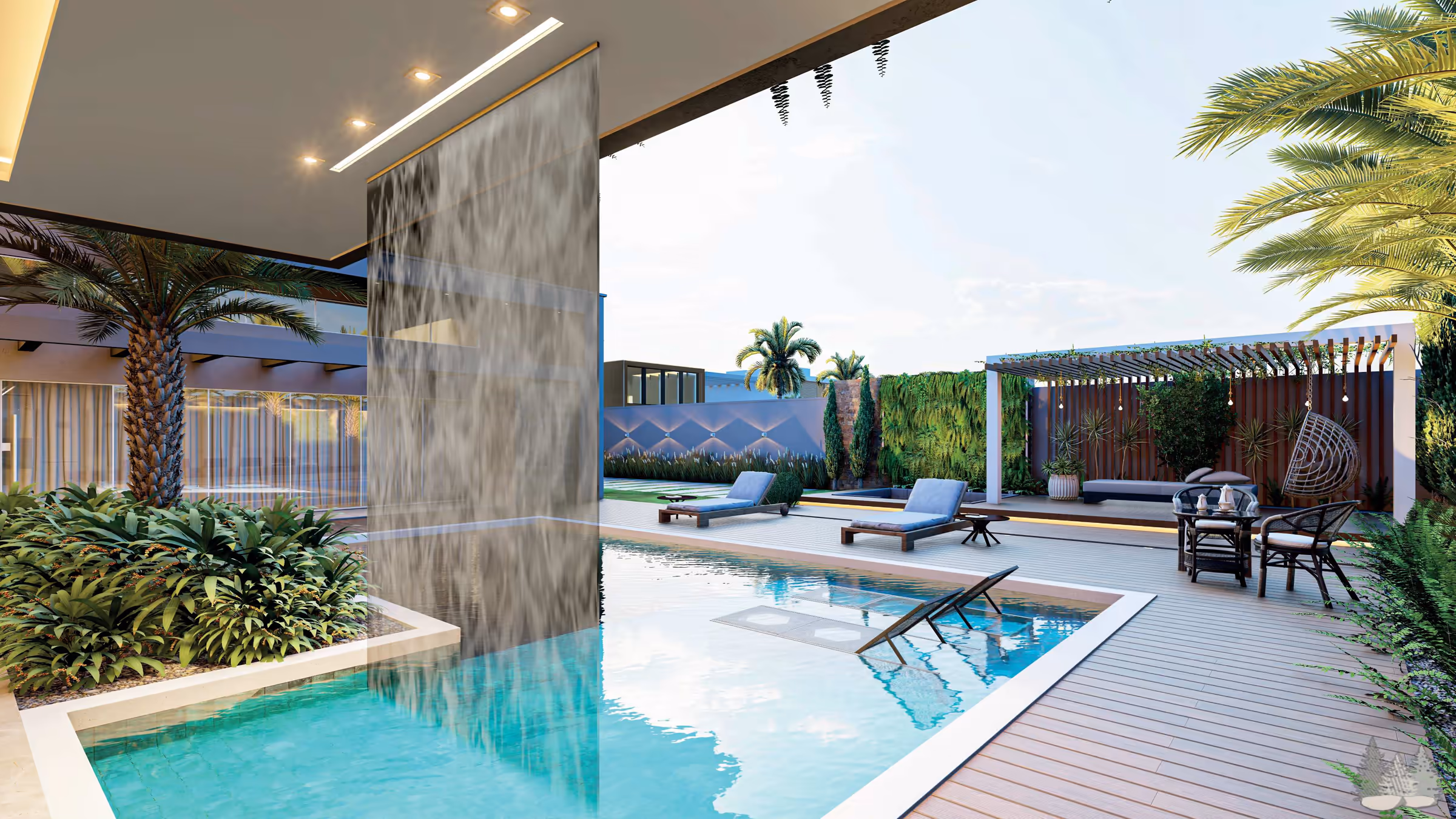 Piscina vista sob a laje da área gourmet, com cortina d’água em vidro