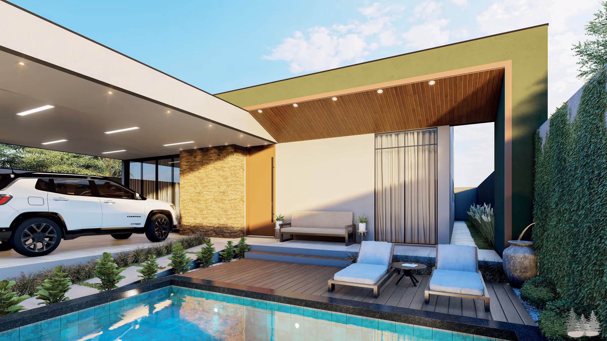 Garagem coberta, porta pivotante laranja, piscina e espreguiçadeiras ao fundo