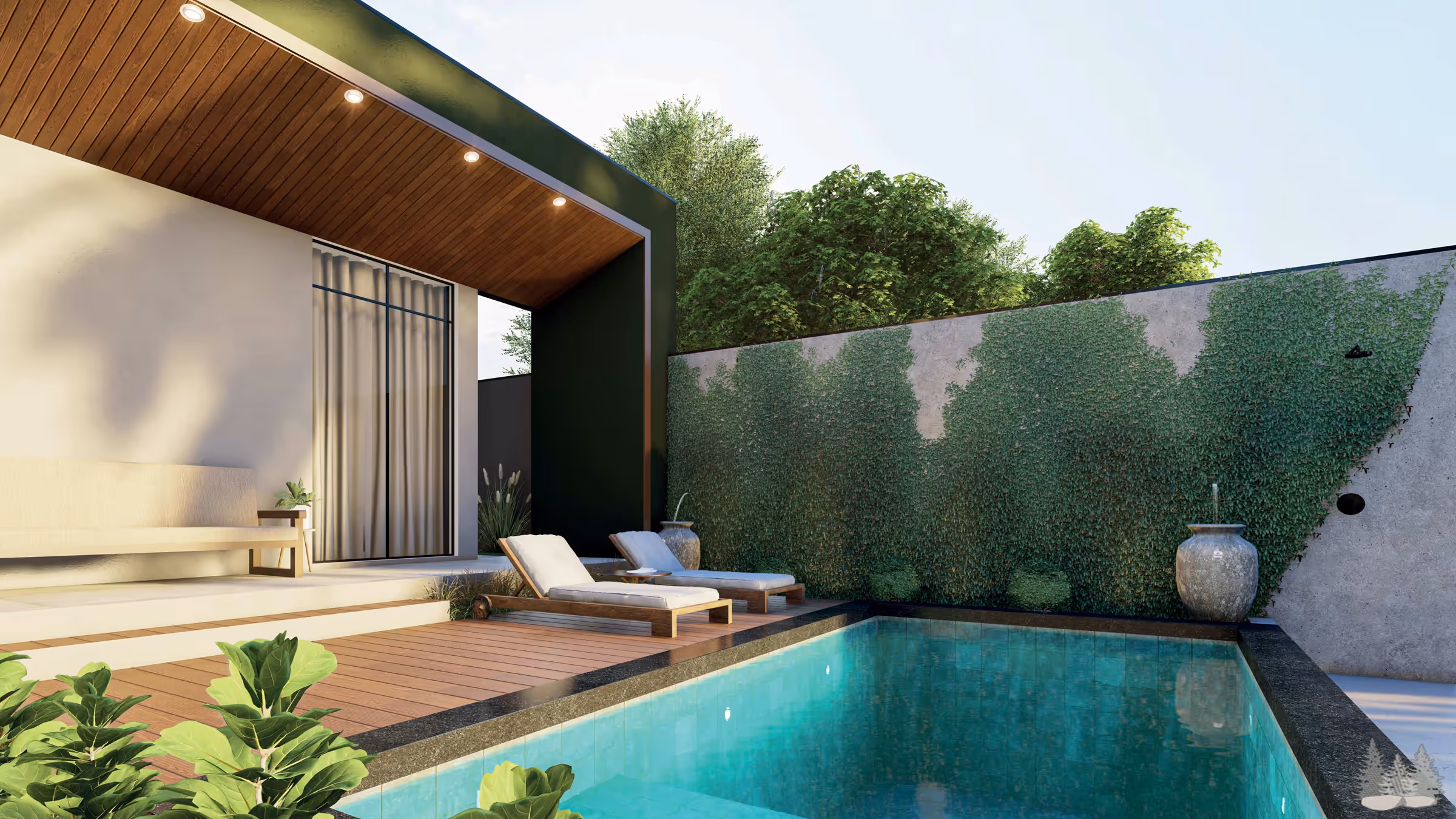 Piscina com borda escura, deck, espreguiçadeiras e forro ripado de madeira