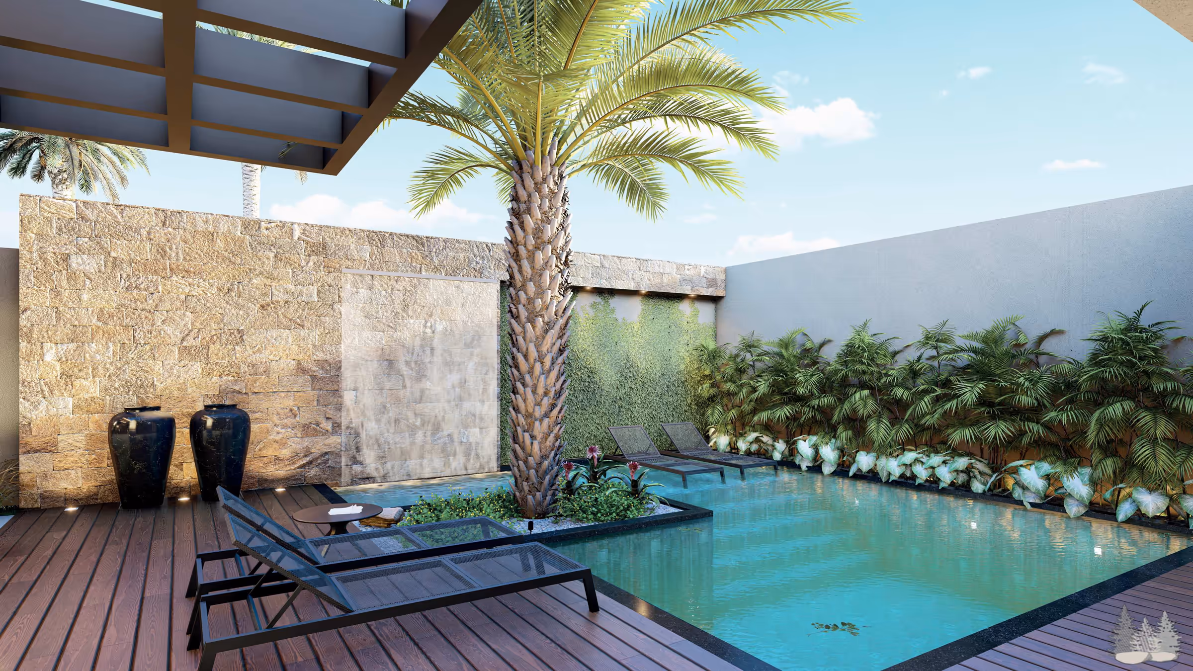 Piscina e deck com espreguiçadeiras, parede de pedra com vasos e muro verde